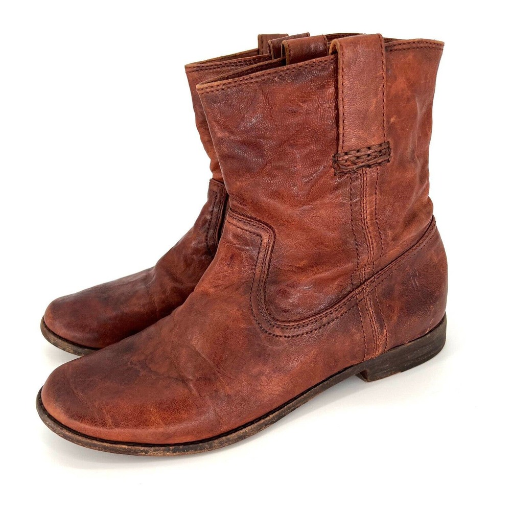 Frye Anna Shortie Ankle Boots Slouchy Booties Brown Leather Pull On Size 7.5
